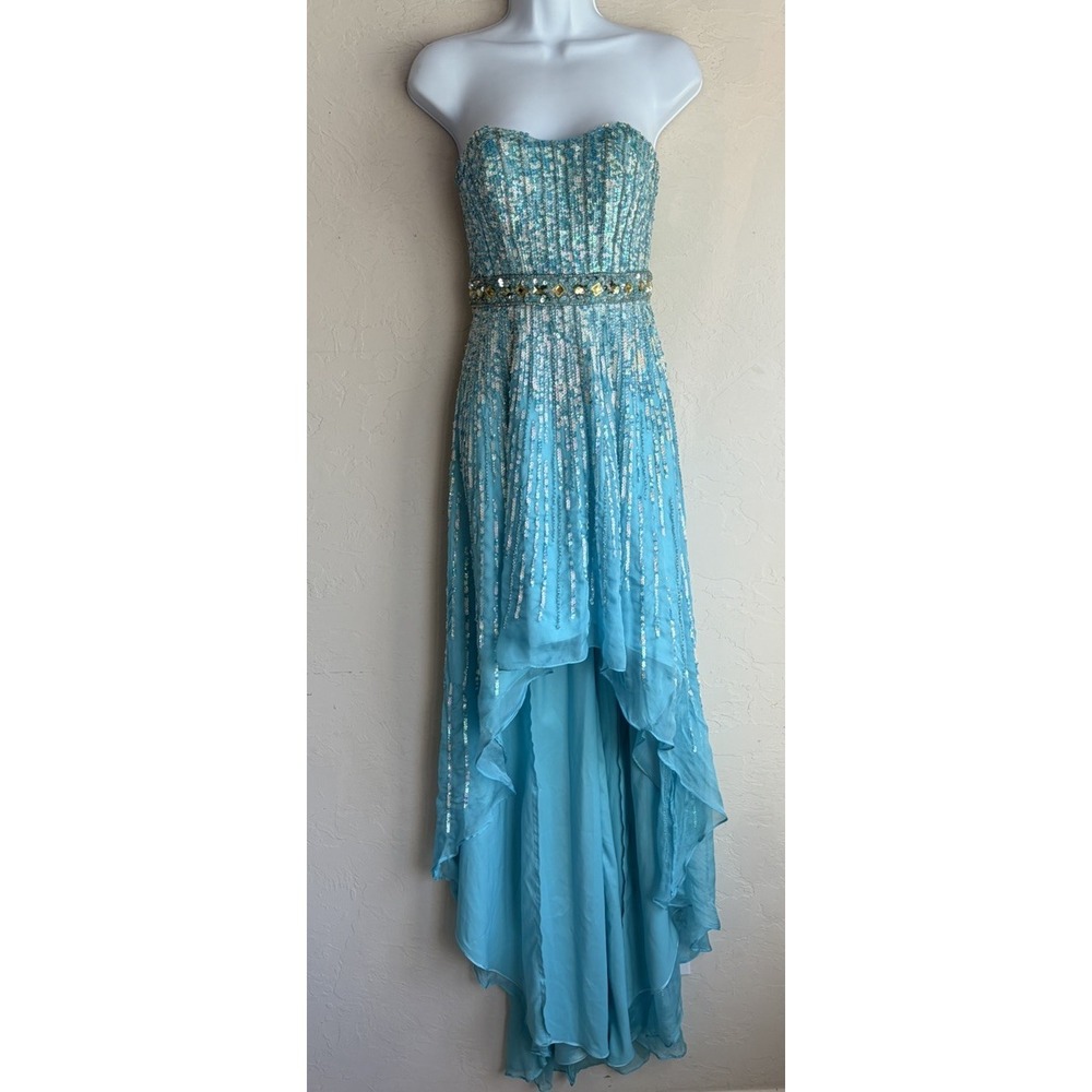 Sherri Hill 100% Silk Aqua Formal Dress 2 Prom Beaded Sequin Mermaid Fairy Y2K